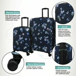 IT Luggage Sheen - 2pc Set (Pansies Floral Blue Depths) -Suitcase Sales 2024 Sheen Pansies Large Cabin Infographic